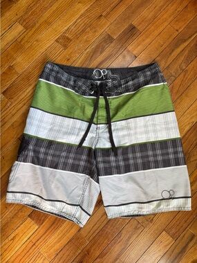 OP Men’s Lime Green, Gray & White Striped Board Shorts